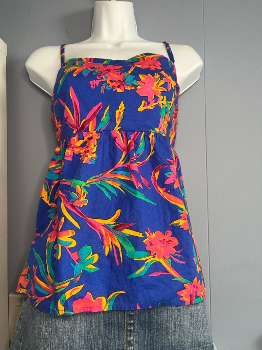 Blue Tropical Floral Spaghetti Strap Babydoll Top